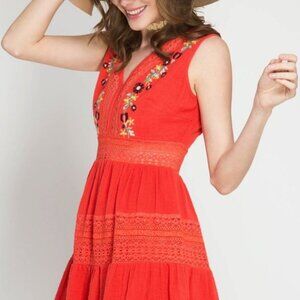 Boho sleeveless summer dress w/ embroidered v neckline (size S)